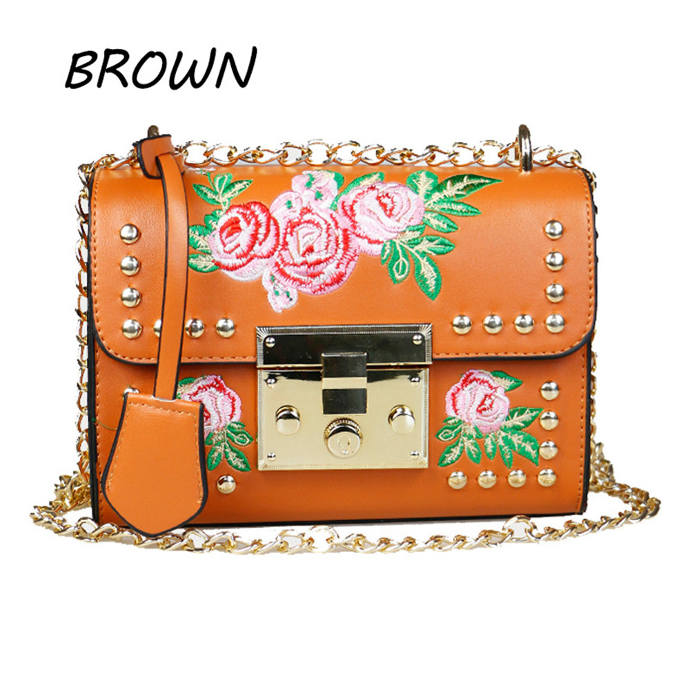 Women Embroidery Flower Shoulder Bag Designer PU Leather Fashion Ladies Rivet Messenger Bags