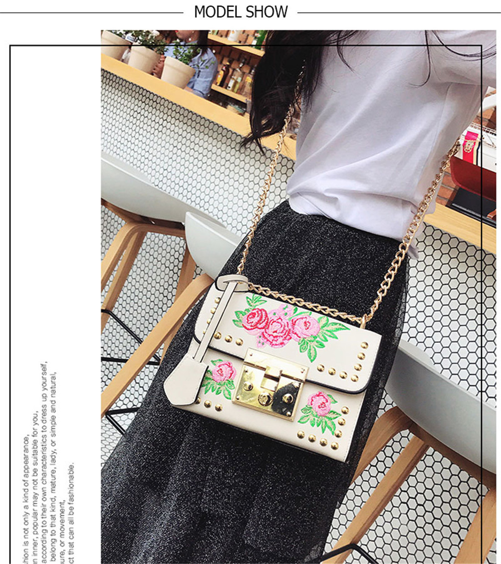 Women Embroidery Flower Shoulder Bag Designer PU Leather Fashion Ladies Rivet Messenger Bags