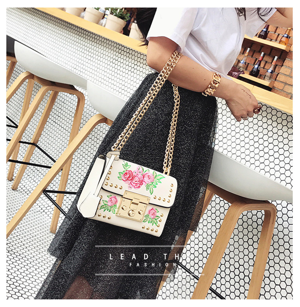 Women Embroidery Flower Shoulder Bag Designer PU Leather Fashion Ladies Rivet Messenger Bags