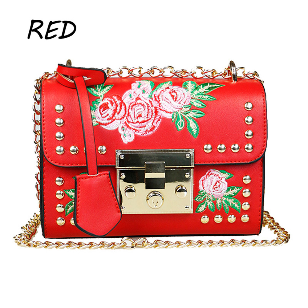 Women Embroidery Flower Shoulder Bag Designer PU Leather Fashion Ladies Rivet Messenger Bags