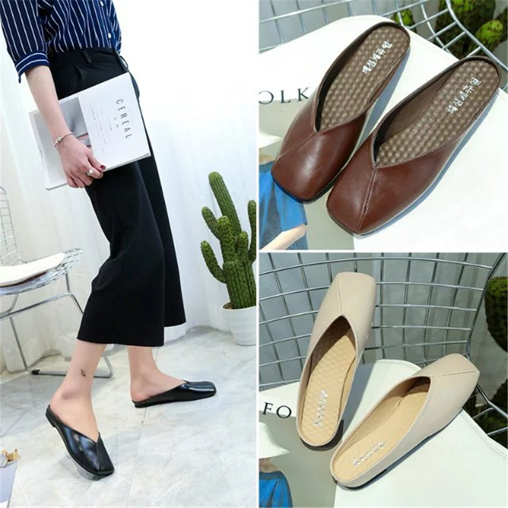 Fashion Slippers Retro Leather Square Head Women's Shoes