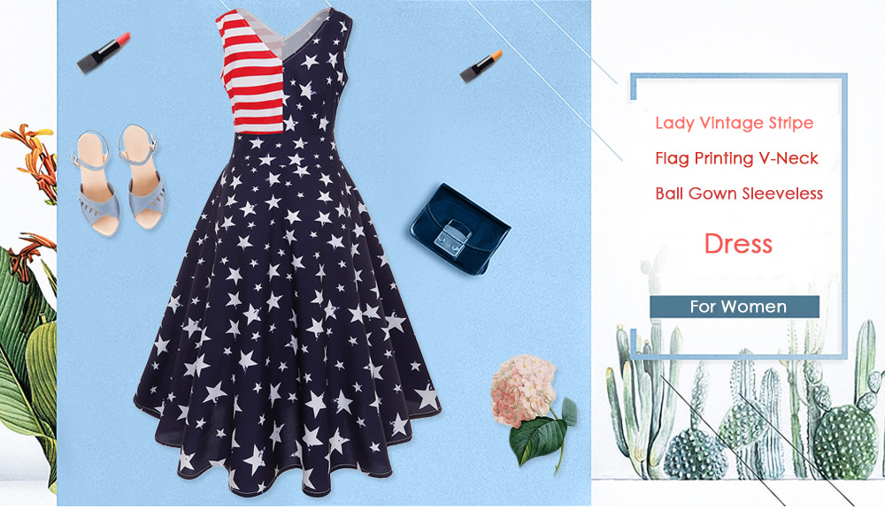 Designer Lady Fashionable Vintage Stripe Flag Printing V-neck Ball Gown Sleeveless Dress for Women