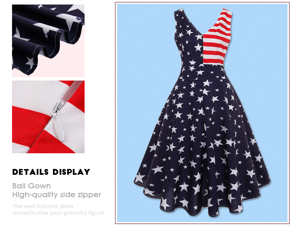 Designer Lady Fashionable Vintage Stripe Flag Printing V-neck Ball Gown Sleeveless Dress for Women