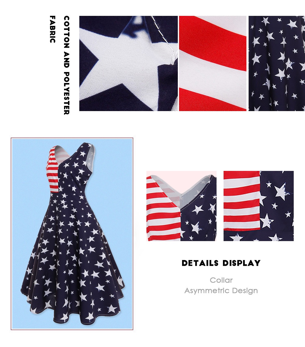 Designer Lady Fashionable Vintage Stripe Flag Printing V-neck Ball Gown Sleeveless Dress for Women