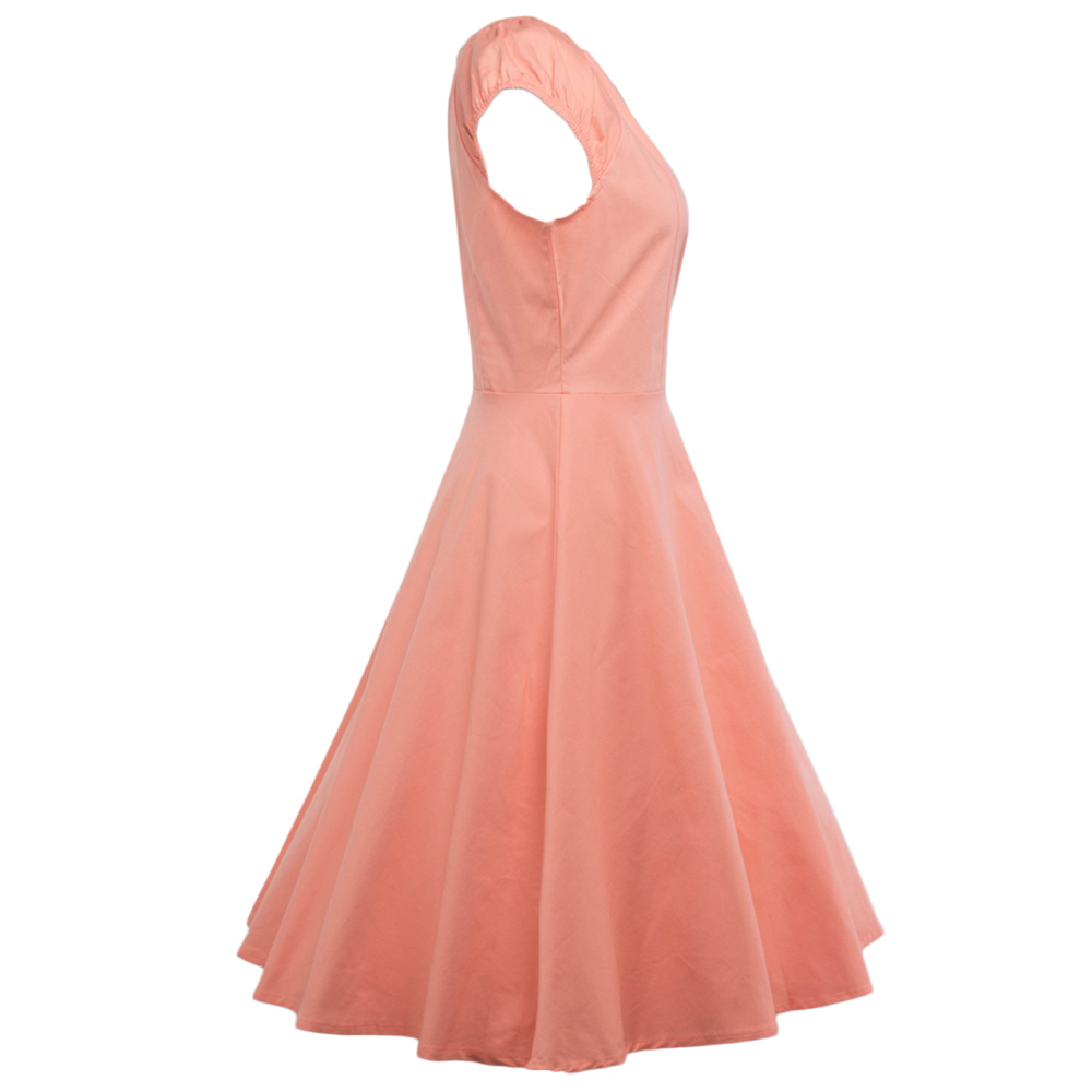 Hepburn Vintage Series Dress Spring And Summer Round Neck Pure Color Design Elastic Sleeve Corset Women Retro Dress