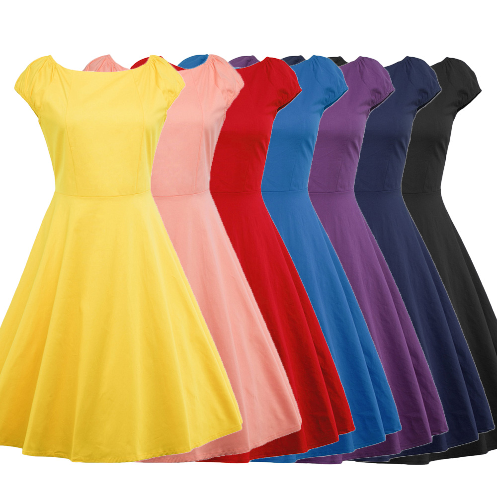 Hepburn Vintage Series Dress Spring And Summer Round Neck Pure Color Design Elastic Sleeve Corset Women Retro Dress