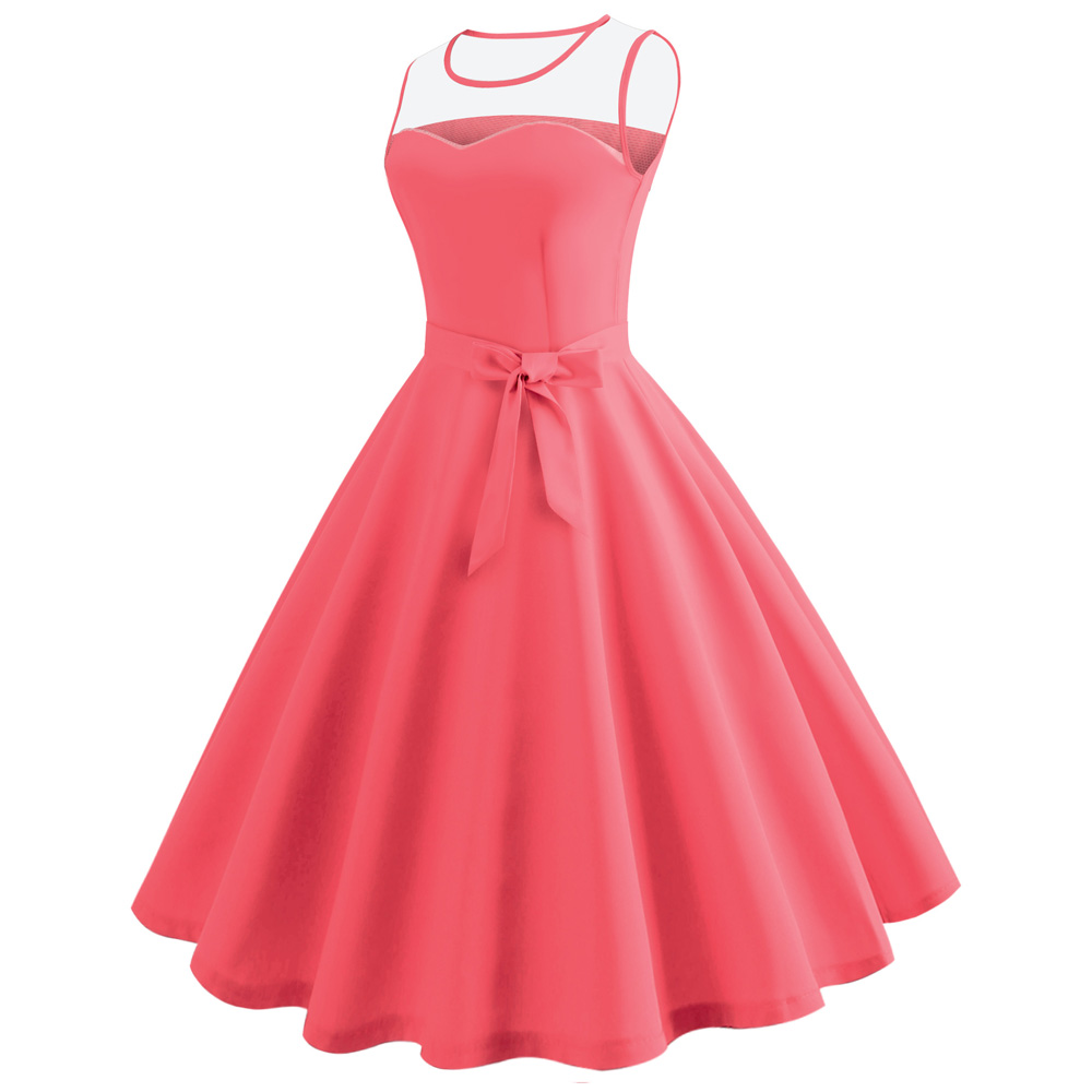 Hepburn Vintage Series Women Dress Spring And Summer Grenadine Stitching Design Sleeveless Belt Retro Corset Dress