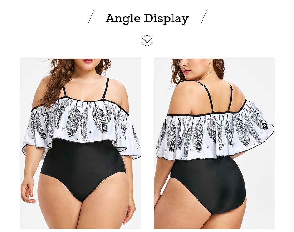 Plus Size Feather Printed Open Shoulder Swimsuit