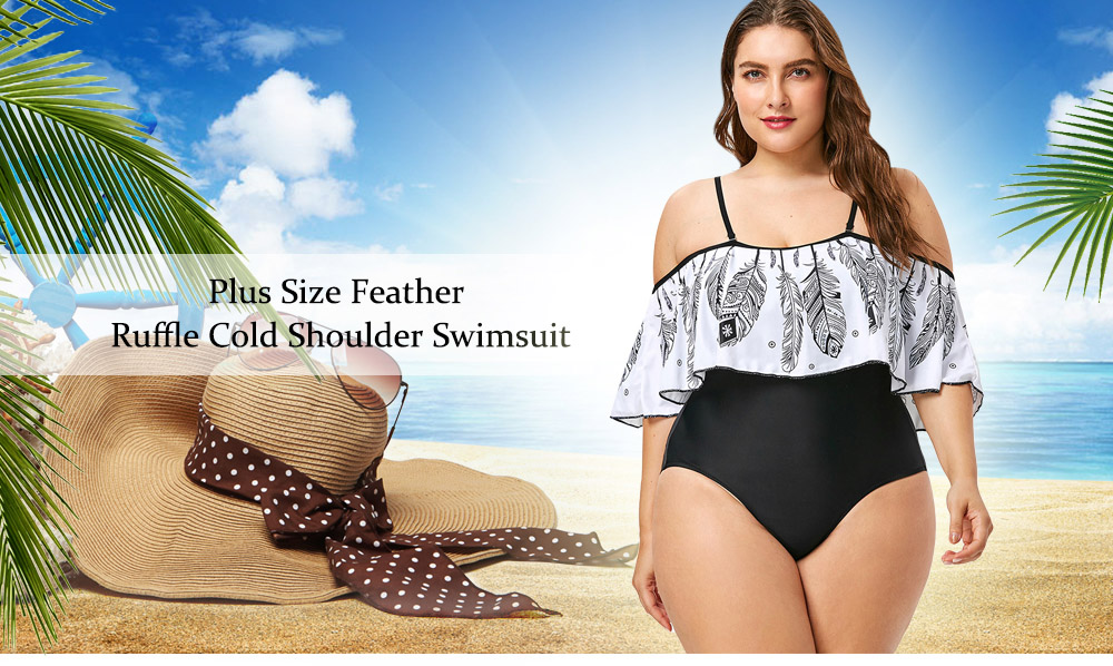 Plus Size Feather Printed Open Shoulder Swimsuit