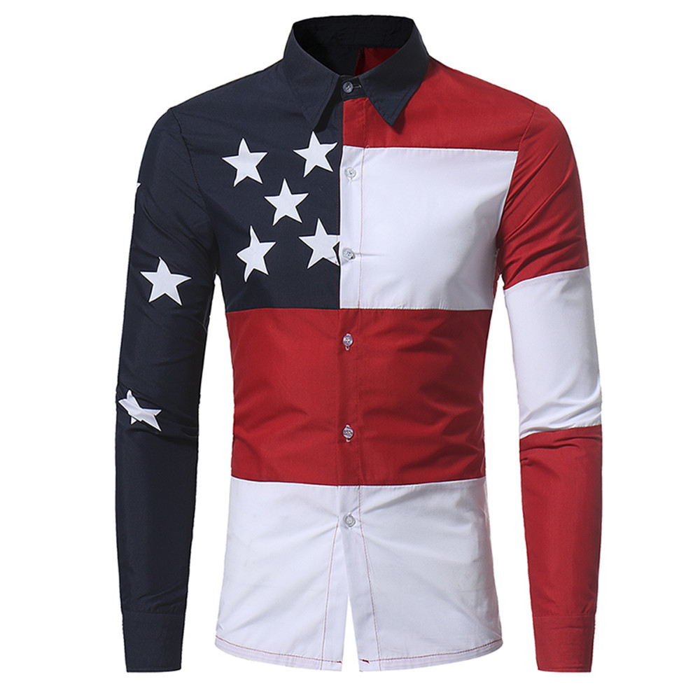 New Casual Color Mixed Five-Pointed Star Printing Men's Slim Long-Sleeved Shirt