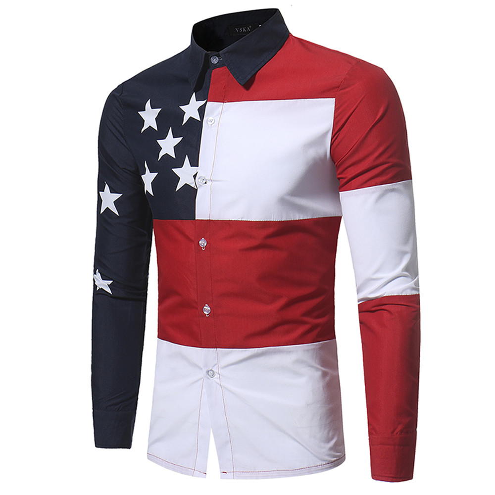 New Casual Color Mixed Five-Pointed Star Printing Men's Slim Long-Sleeved Shirt