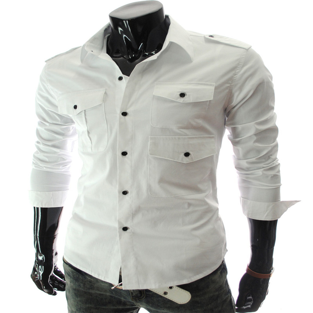 New Multi-Pocket Epaulettes Men's Luxury Slim Casual Long-Sleeved Shirt