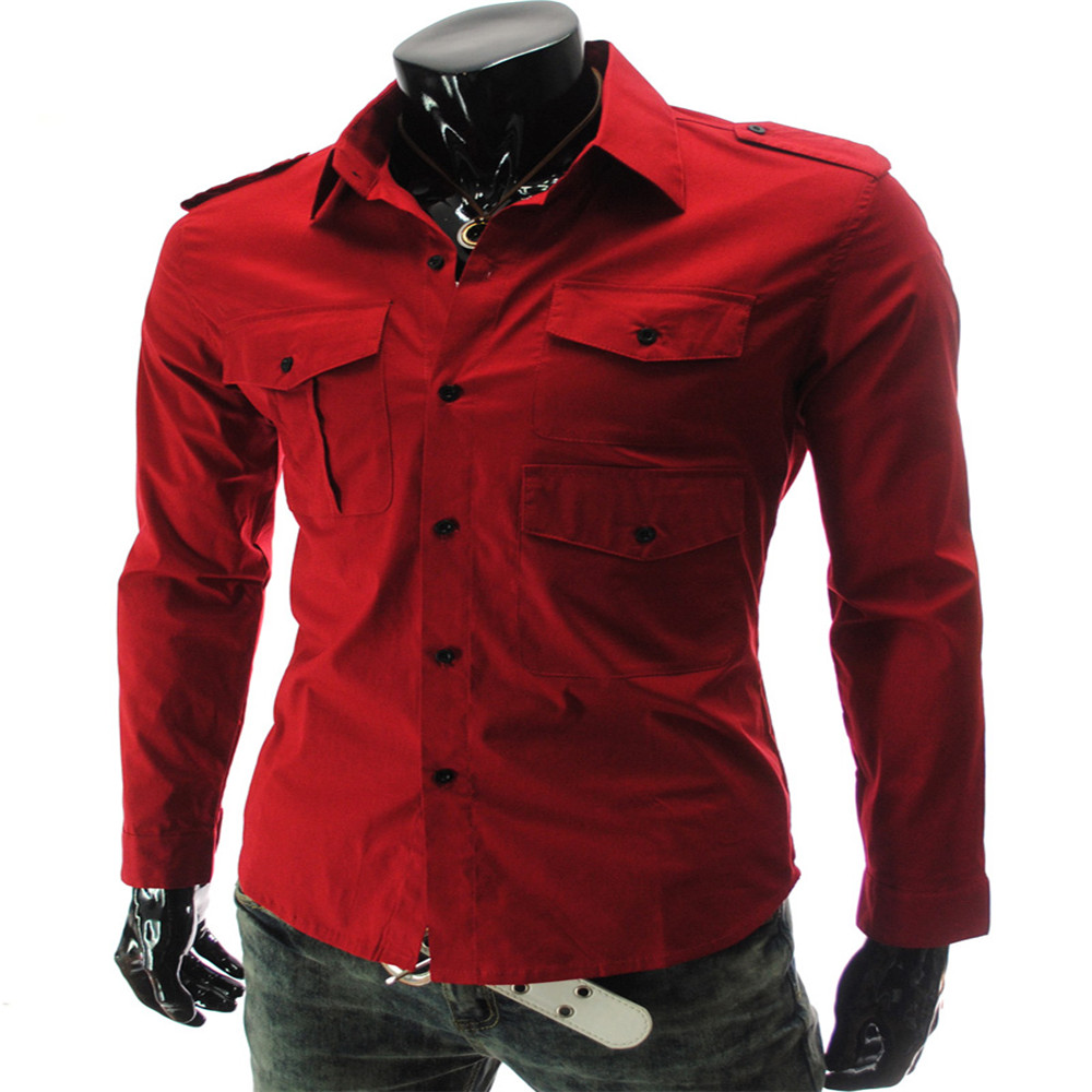 New Multi-Pocket Epaulettes Men's Luxury Slim Casual Long-Sleeved Shirt