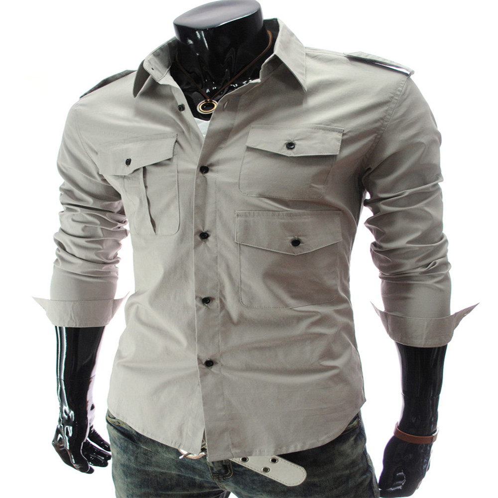 New Multi-Pocket Epaulettes Men's Luxury Slim Casual Long-Sleeved Shirt