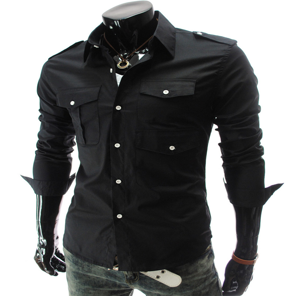 New Multi-Pocket Epaulettes Men's Luxury Slim Casual Long-Sleeved Shirt