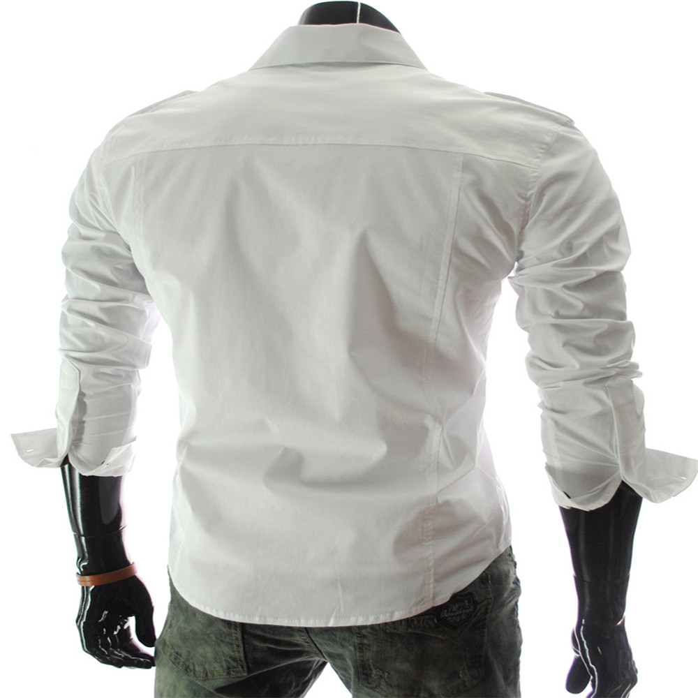 New Multi-Pocket Epaulettes Men's Luxury Slim Casual Long-Sleeved Shirt