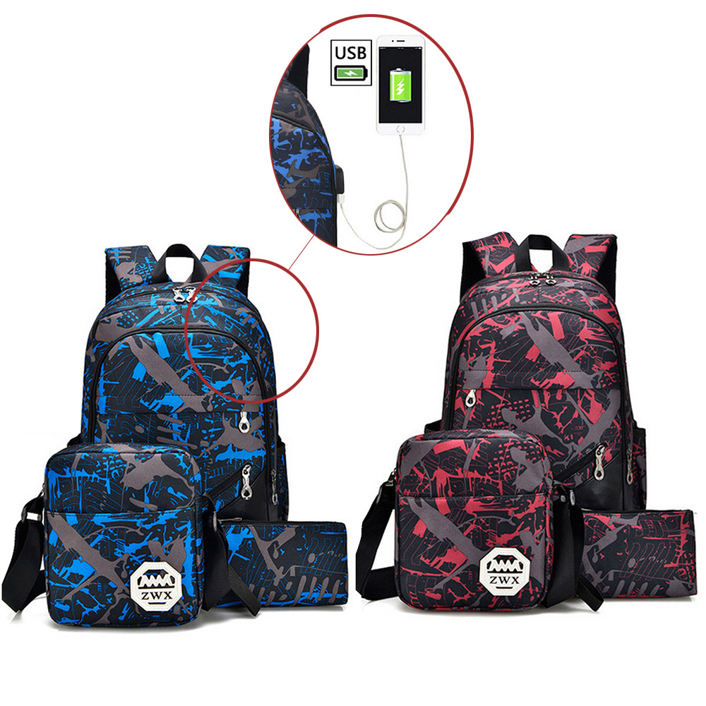 Men's Backpack Set 3Pcs Canvas Brief Large Capacity Preppy Backpack