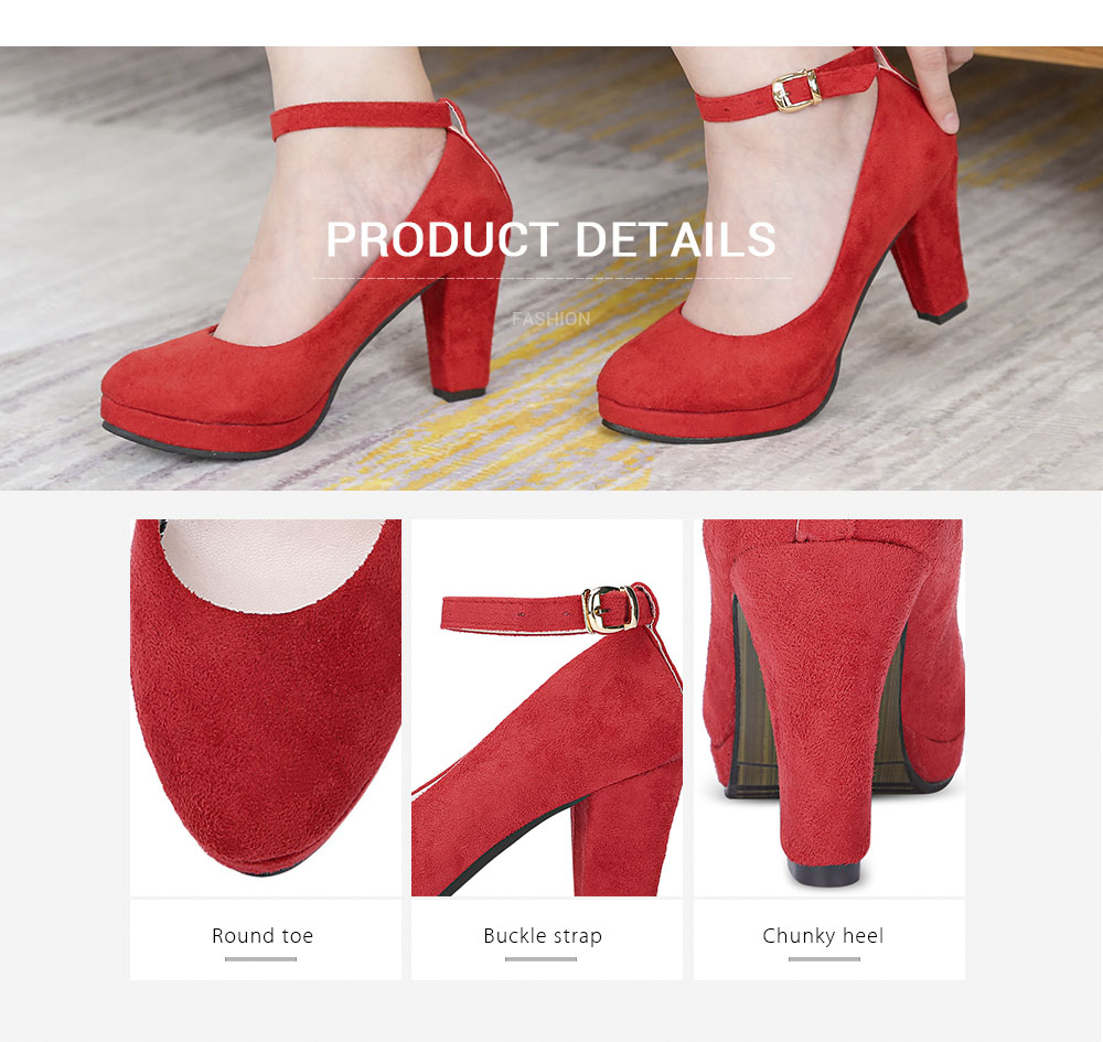 Chunky Heel Suede Round-toe Angle Strap Buckle Women Shoes