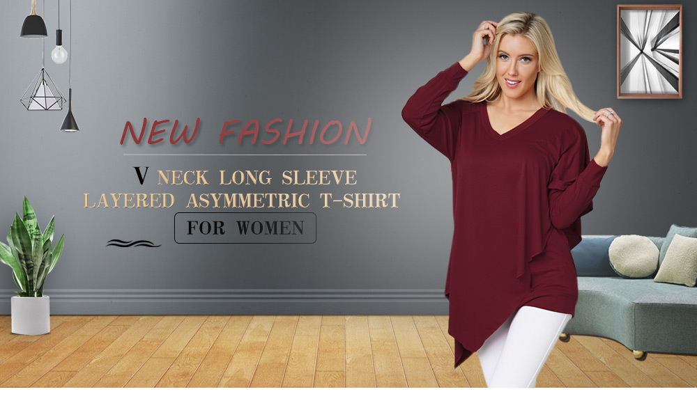 V Neck Long Sleeve Layered Asymmetric Women T-shirt