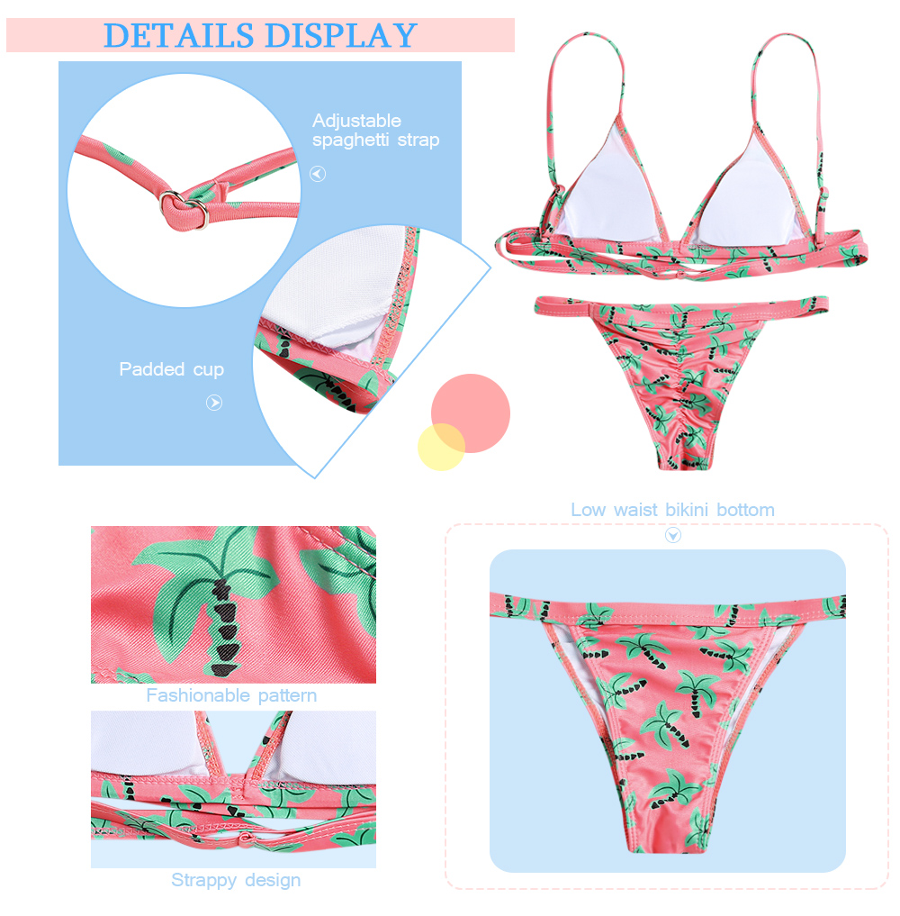 Spaghetti Strap Padded Backless Tree Print Low Waist Women Bikini Set