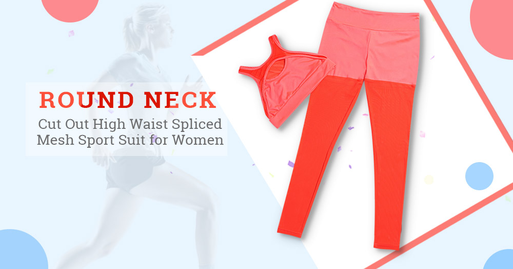 Round Neck Cut Out High Waist Spliced Mesh Elastic Women Yoga Sports Suit