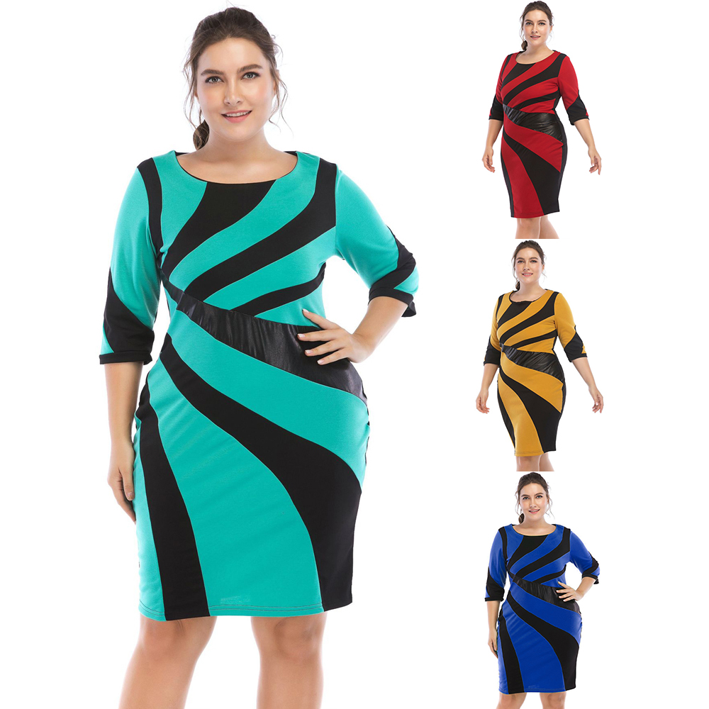 Plus Size Irregular PU Leather Contrast Stitching Dress