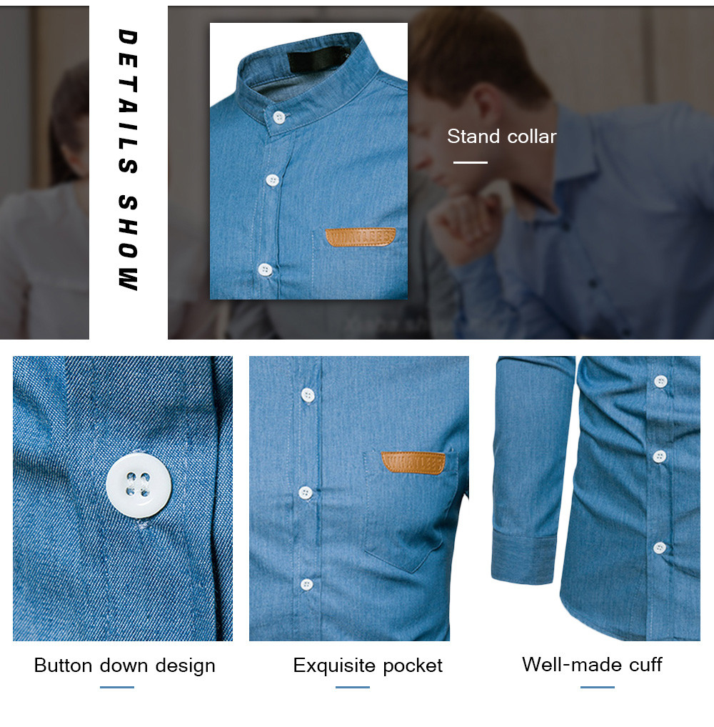 Stand Collar Long Sleeve Spliced Leather Pocket Button Men Shirt