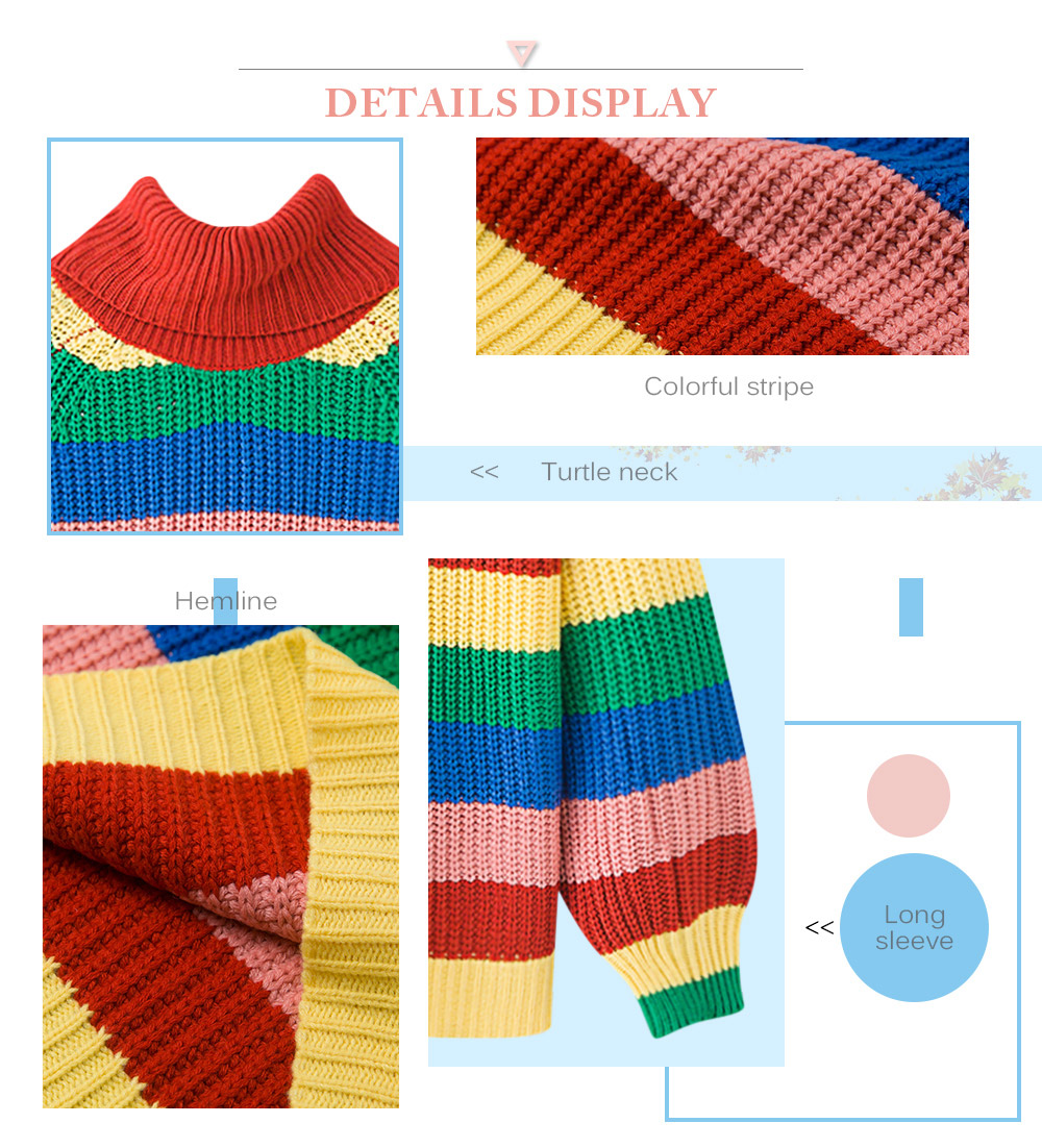 Turtle Neck Long Sleeve Colorful Stripe Women Pullover Sweater