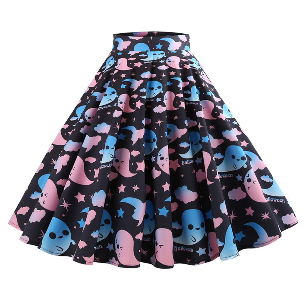 Hepburn Vintage Series Women Skirt Spring And Summer Halloween Ghost&Bat Printing Design Corset Retro Skirt