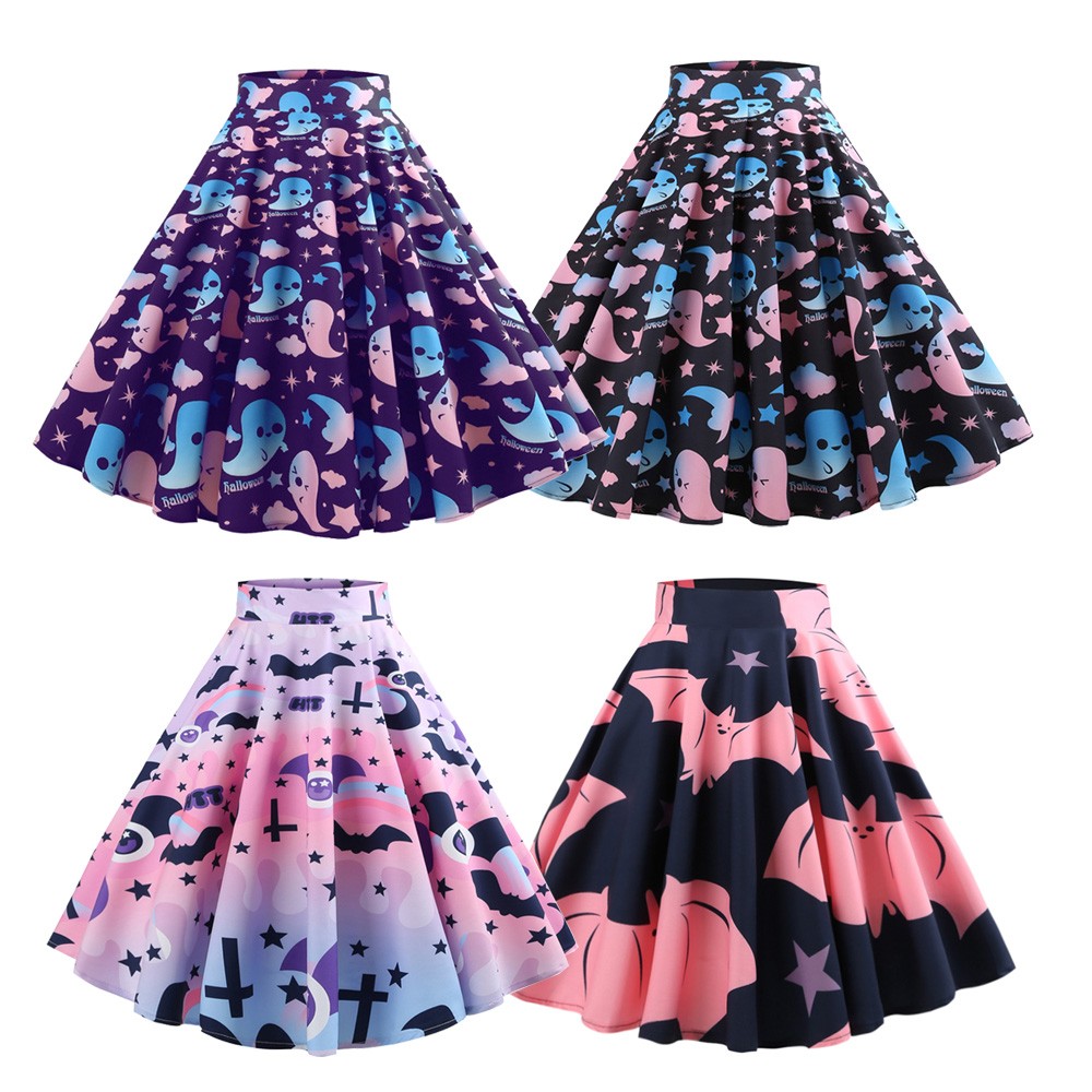 Hepburn Vintage Series Women Skirt Spring And Summer Halloween Ghost&Bat Printing Design Corset Retro Skirt