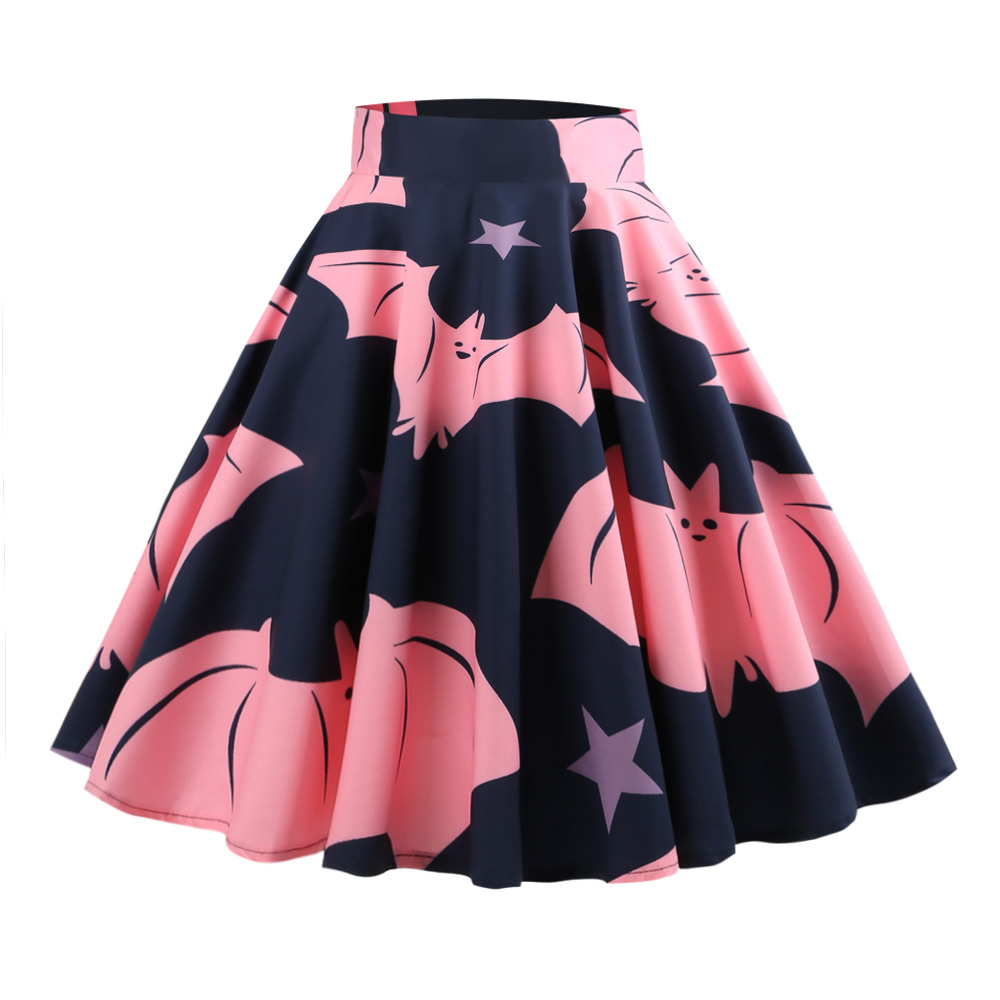 Hepburn Vintage Series Women Skirt Spring And Summer Halloween Ghost&Bat Printing Design Corset Retro Skirt