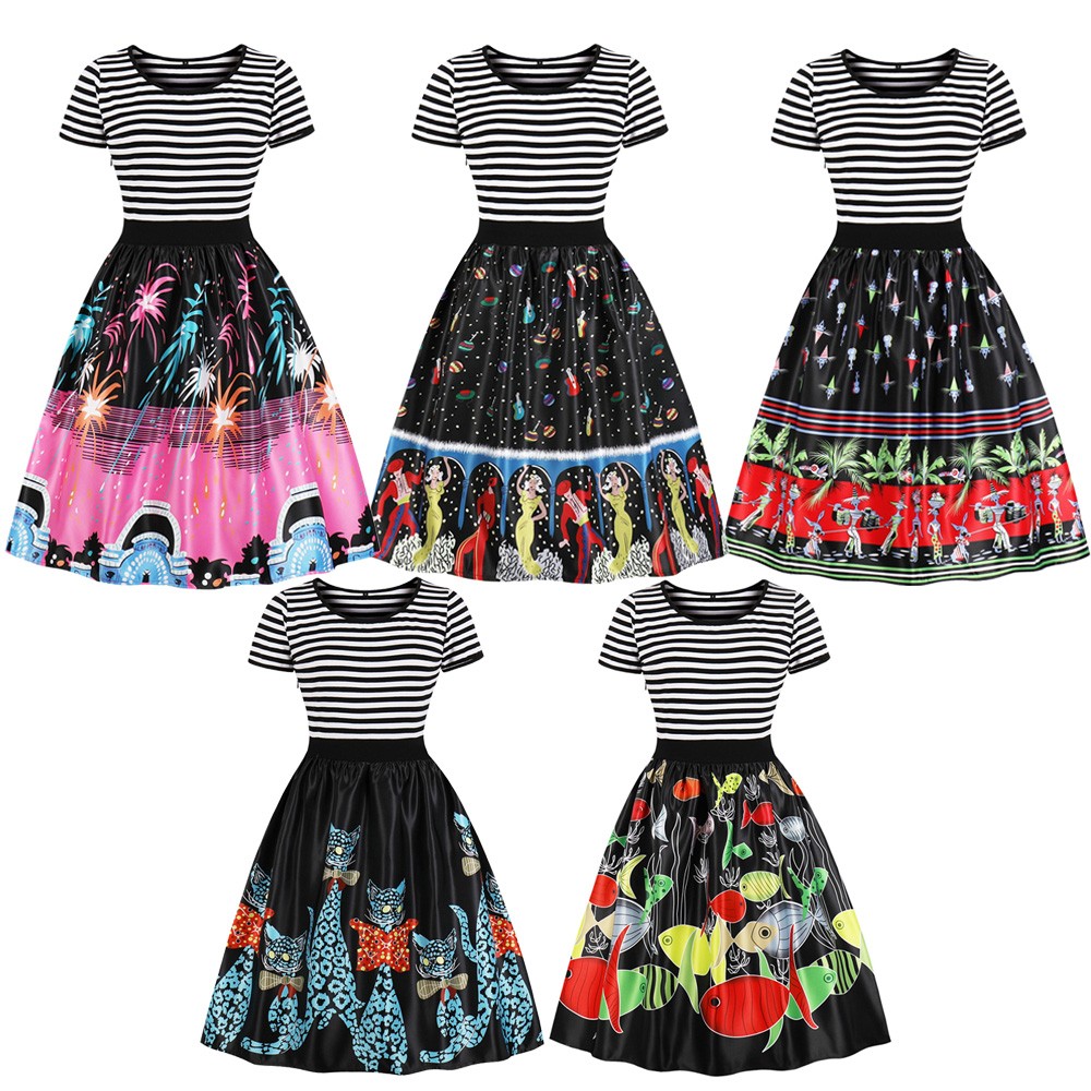 Hepburn Vintage Series Women Dress Spring And Winter Round Neck Cat&fish&Christmas Printing Stitching Design Short Sleeve Corset Retro Dress