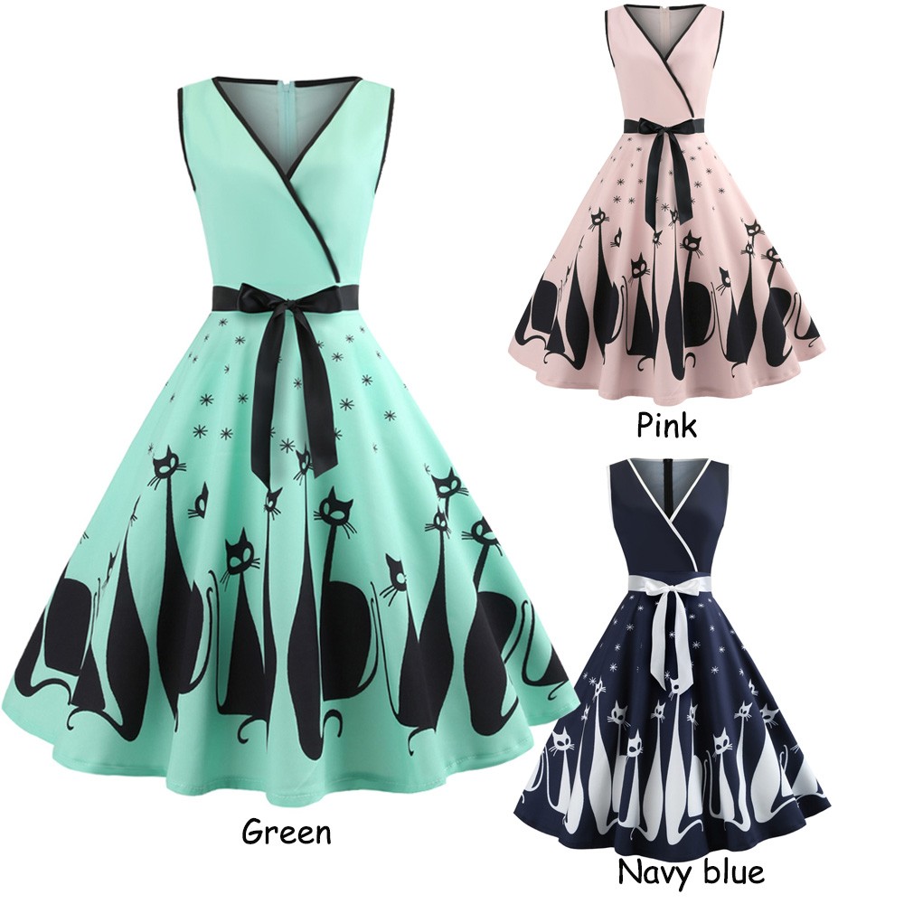 Hepburn Vintage Series Women Dress Spring And Summer V-Neck Halloween Cat Printing Design Sleeveless Belt Corset Retro Dress