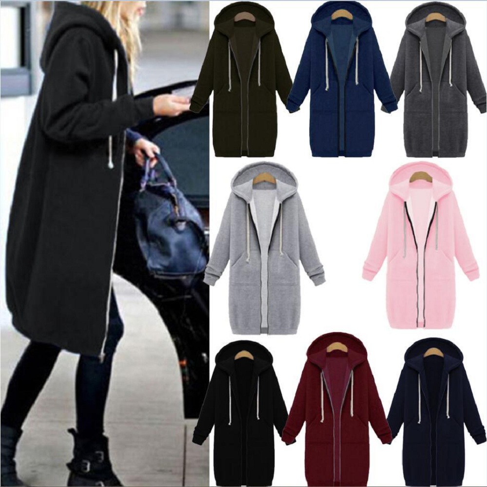 Plus Size Winter Womens Zip Up Open Hooded Hoodies Ladies Long Sleeve Coat Tops Jacket S-5XL Plus Size