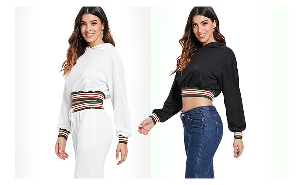 Hooded Long Sleeve Color Blocking Stripe Crop Top Women Hoodie