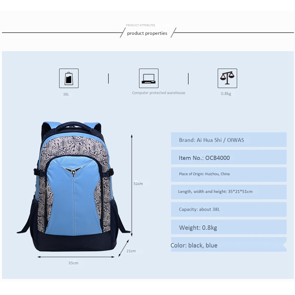OIWAS 38L Large Compartment Laptop Backpack Lightweight Business Pack