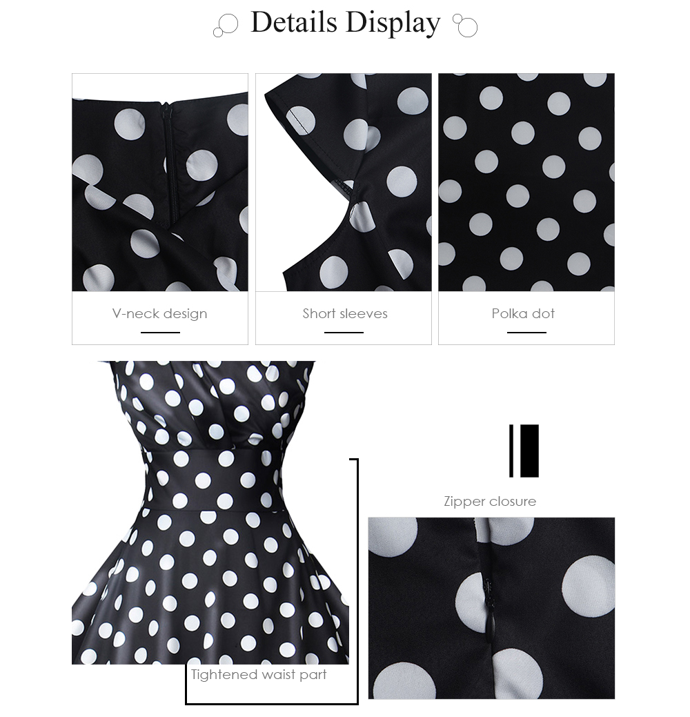 V-neck Short Sleeve Polka Dot Zipper Vintage Women Dress