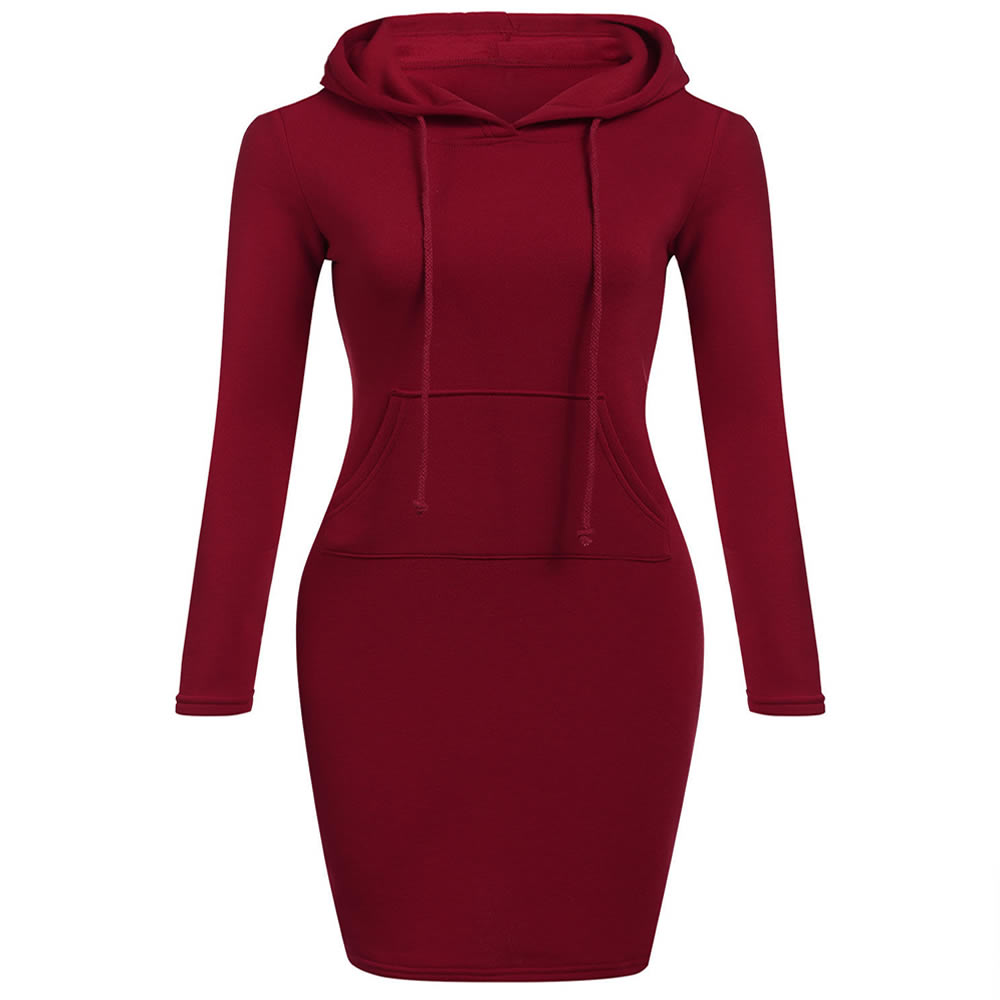 Autumn Winter Three Color Hooded Lace Pocket Sweater Dress Female