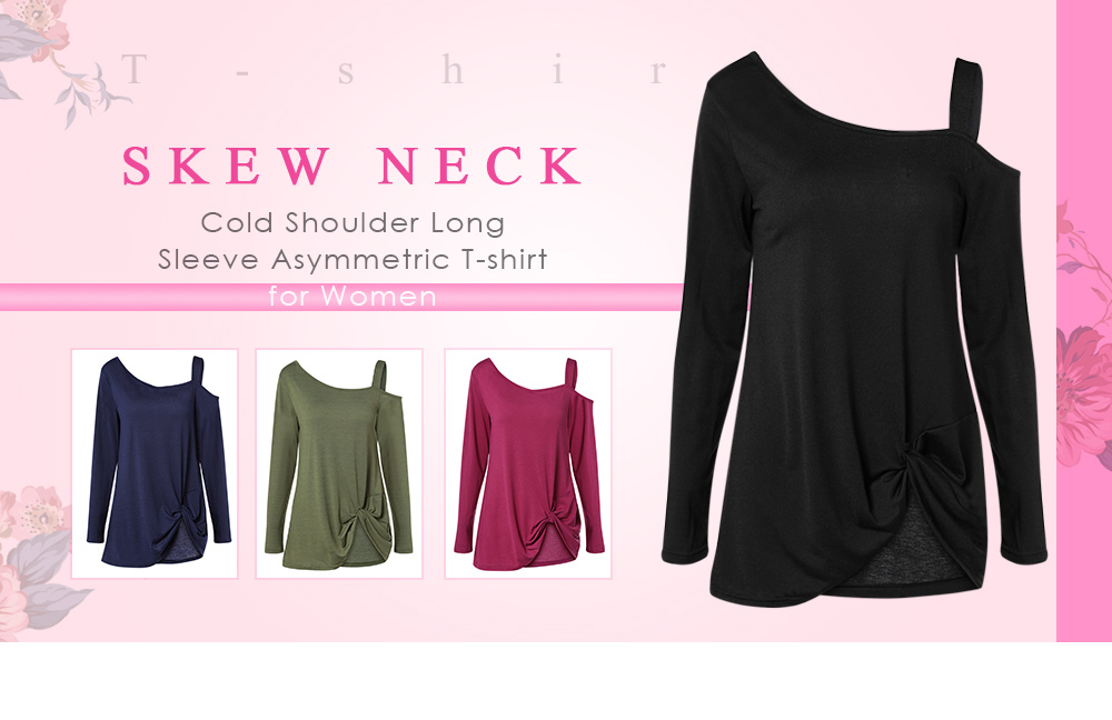 Skew Neck Cold Shoulder Long Sleeve Ruched Asymmetric Solid Color Women T-shirt