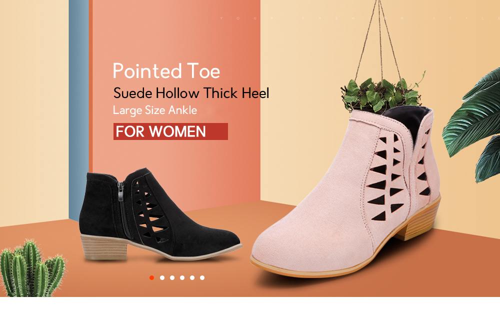 Pointed Toe Suede Hollow Thick Heel Large Size Ankle Boots for Women