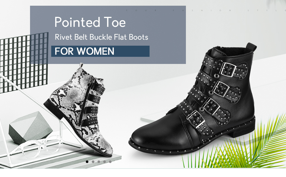 PU Leather Pointed Toe Rivet Belt Buckle Flat Boots for Women