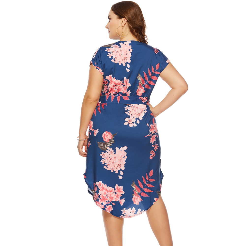 Fashion Casual Long V-Neck Short-Sleeved Flower Print Loose Dress