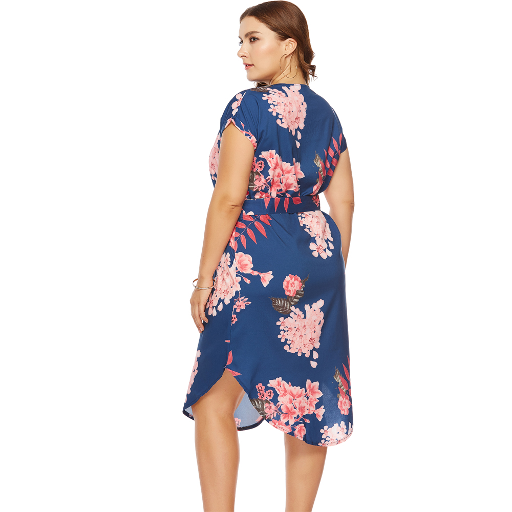 Fashion Casual Long V-Neck Short-Sleeved Flower Print Loose Dress