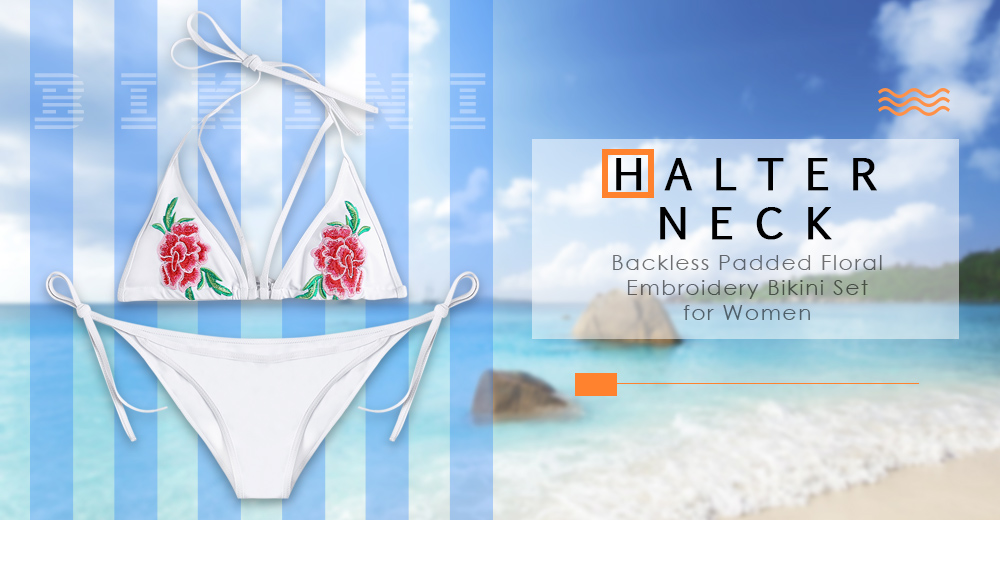 Halter Neck Backless Padded Floral Embroidery Low Waist Women Bikini Set