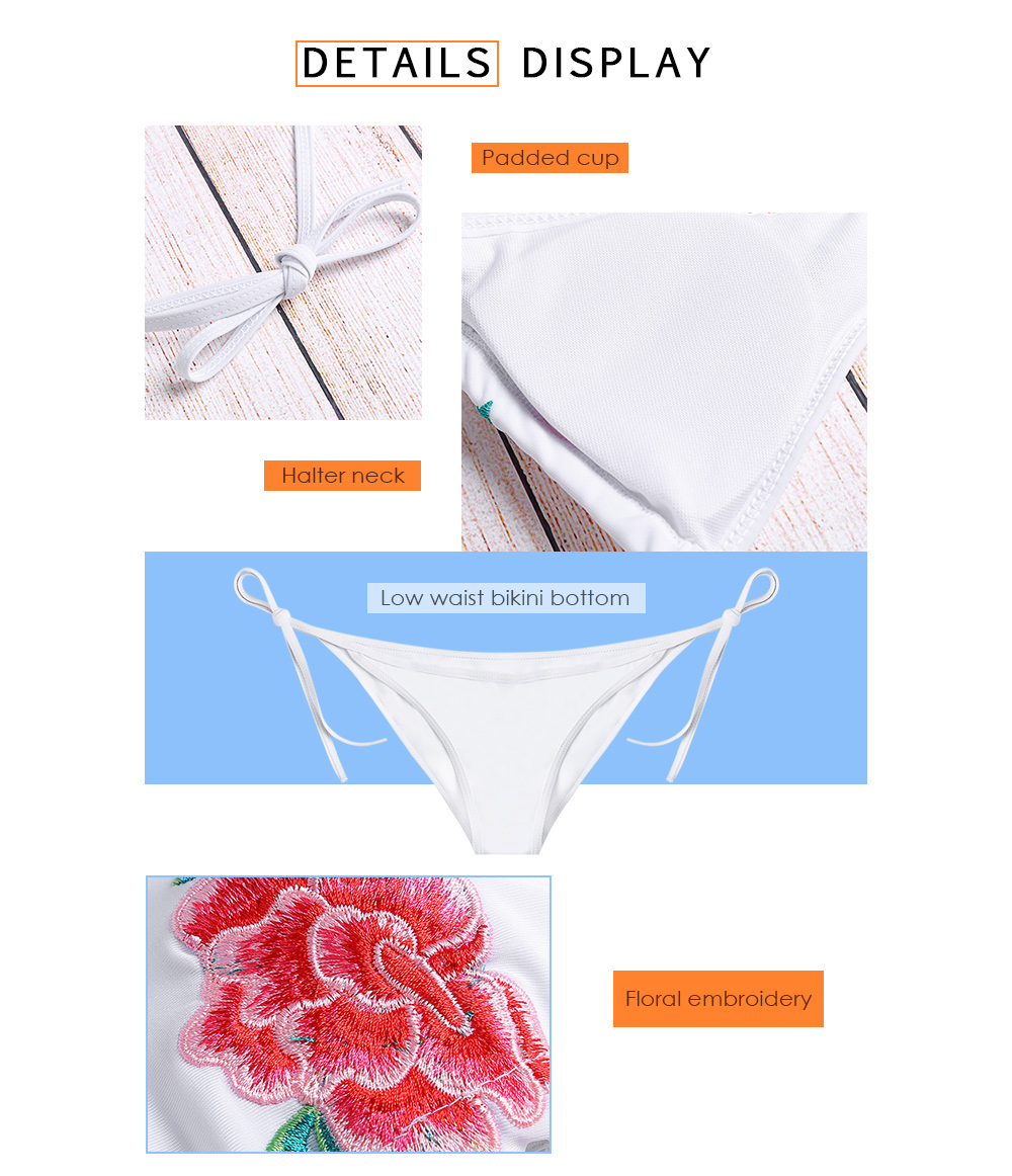Halter Neck Backless Padded Floral Embroidery Low Waist Women Bikini Set