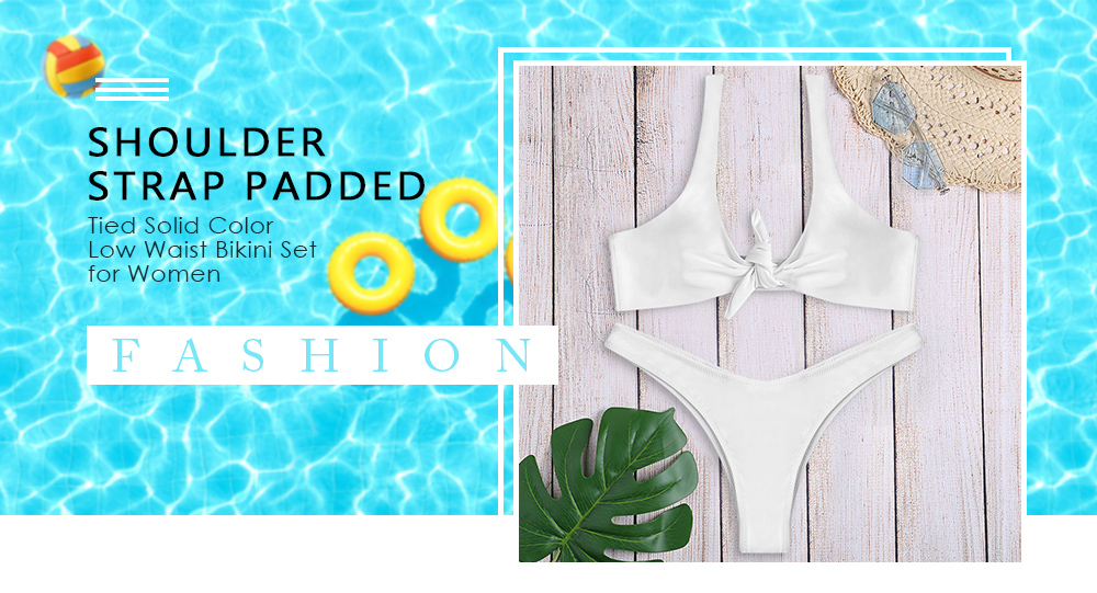 Shoulder Strap Padded Tied Solid Color Low Waist Swimsuit Women Bikini Set