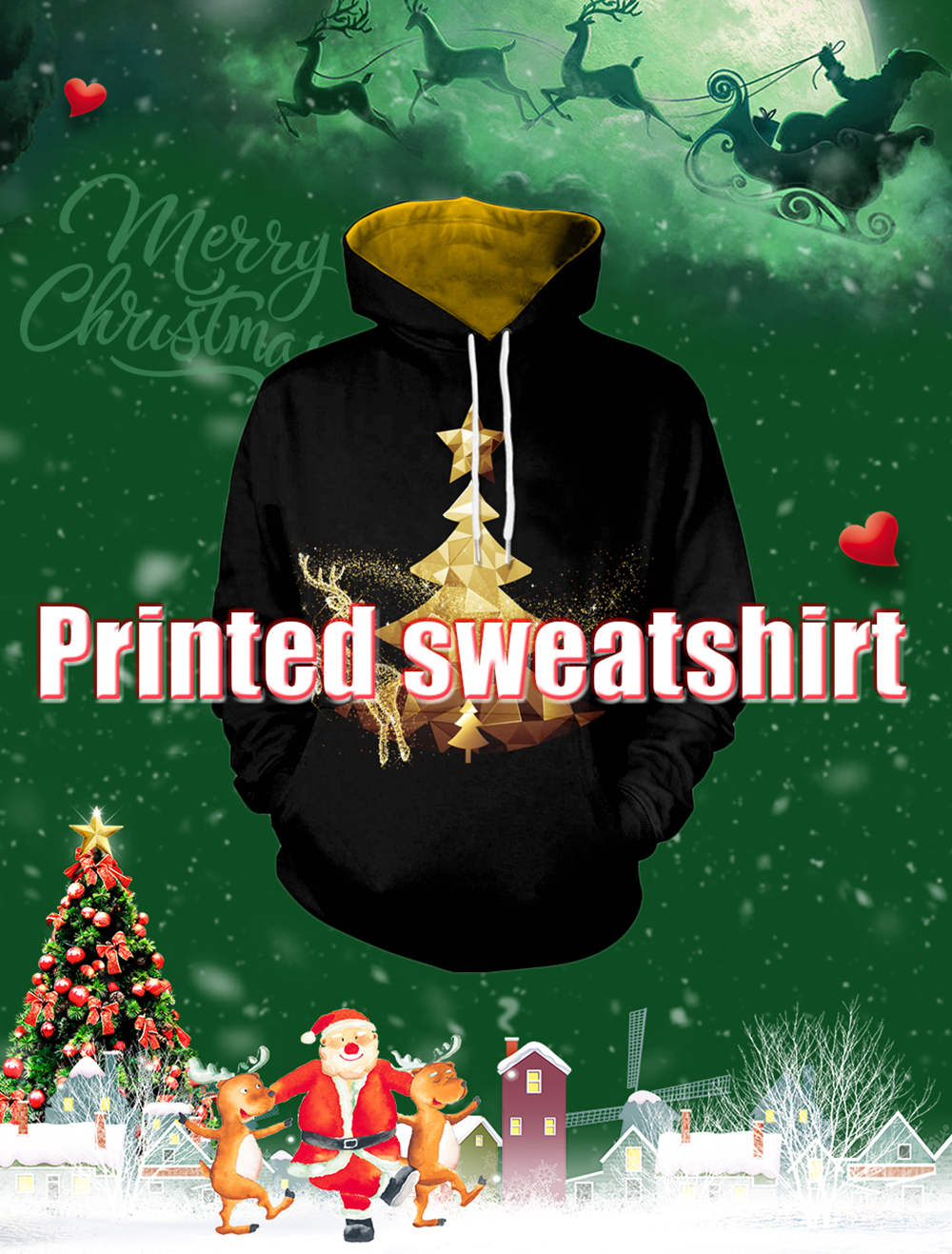 Men's Casual 3D Print Hoodie Santa Tree Christmas Hoodie