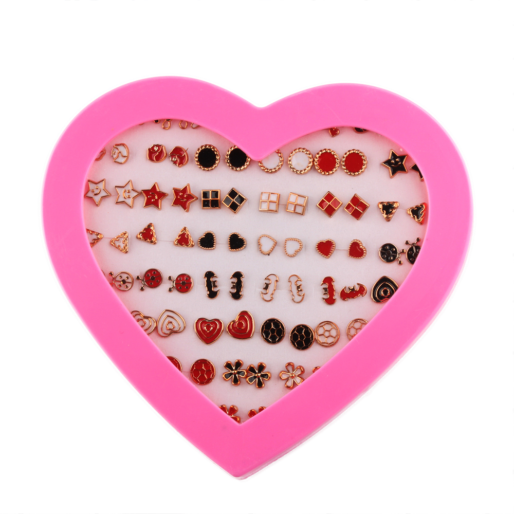 Fashion Heart Box 36 Pairs of Color Drop Glaze Earrings