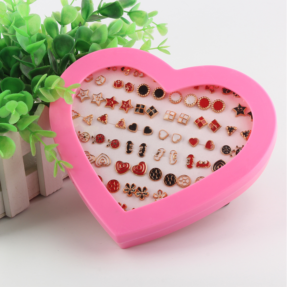 Fashion Heart Box 36 Pairs of Color Drop Glaze Earrings