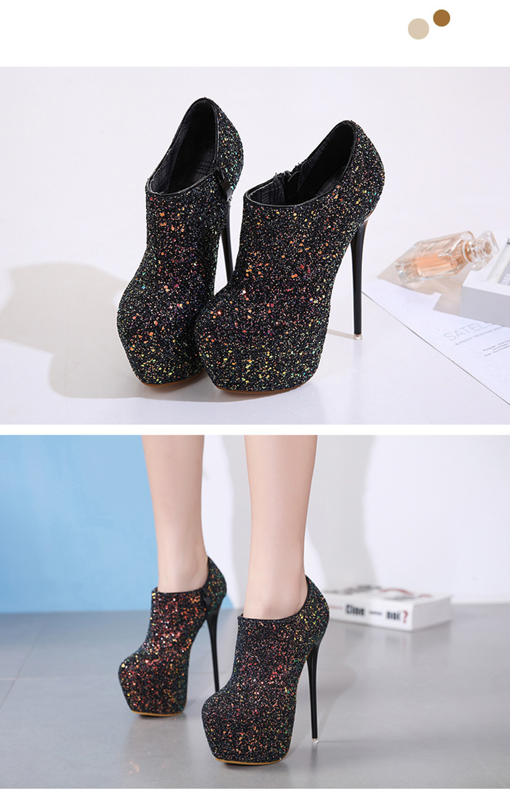 Women's Round Toe Platform Shoes Club Party High Heels with Sequined
